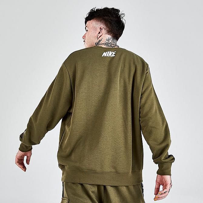 Back Right view of Men's Nike Sportswear Repeat Fleece Crewneck Sweatshirt in Medium Olive/White Click to zoom