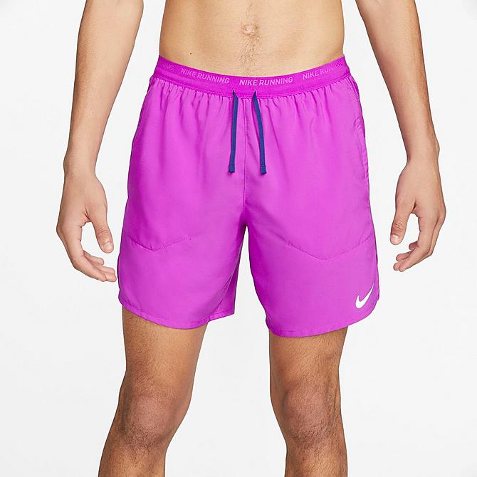 Back Right view of Men's Nike Dri-FIT Stride 2-in-1 7" Running Shorts in Vivid Purple/Deep Royal Blue/Deep Royal Blue Click to zoom