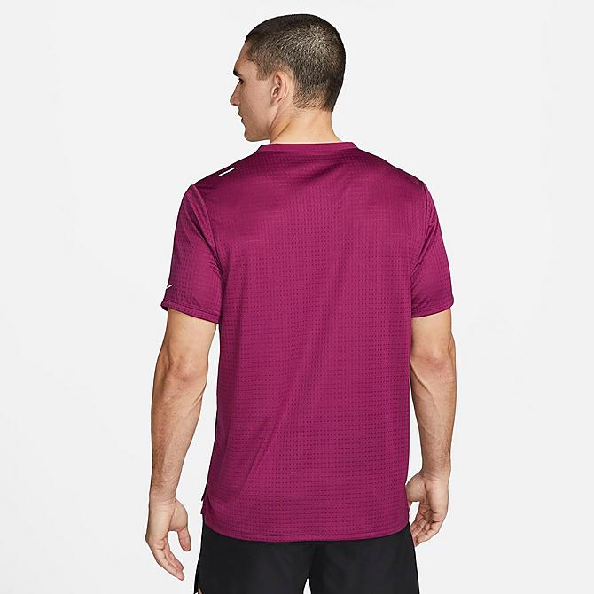 Front Three Quarter view of Men's Nike Dri-FIT Run Division Rise 365 Short-Sleeve Running T-Shirt in Sangria/Reflective Silver Click to zoom