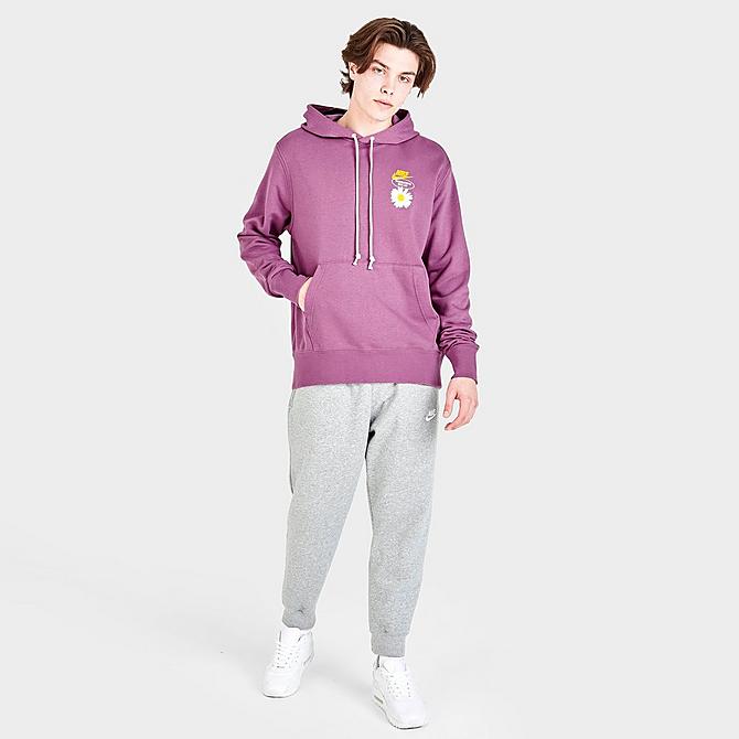 Front Three Quarter view of Men's Nike Sportswear Good Vibes Pullover Hoodie in Light Bordeaux/Vivid Sulfur Click to zoom