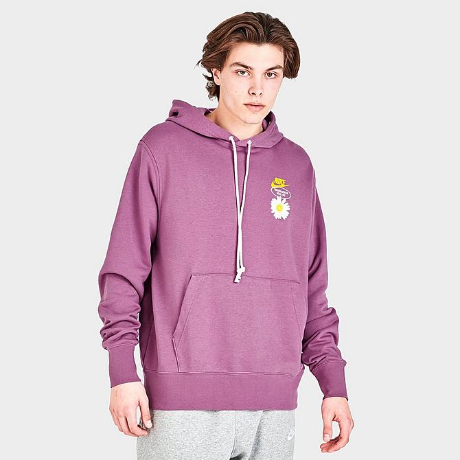 Back Left view of Men's Nike Sportswear Good Vibes Pullover Hoodie in Light Bordeaux/Vivid Sulfur Click to zoom