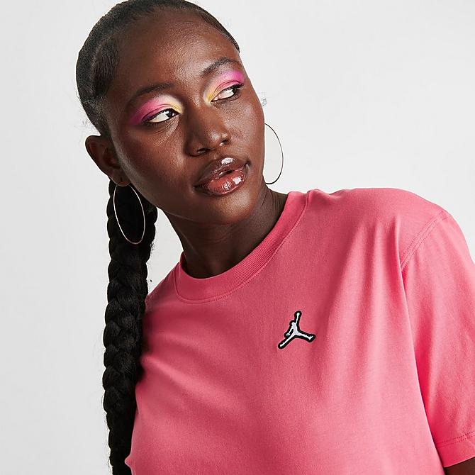 On Model 5 view of Women's Jordan Essentials Jumpman Logo T-Shirt in Sea Coral Click to zoom