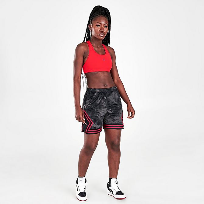 Front Three Quarter view of Women's Jordan (Her)itage Diamond Shorts in Black/Mystic Hibiscus Click to zoom