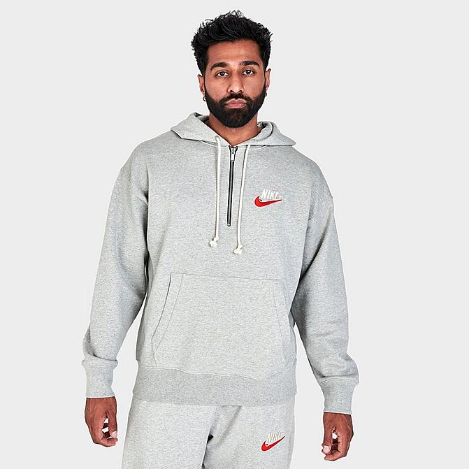 Front view of Men's Nike Sportswear French Terry Half-Zip Pullover Hoodie in Grey Heather Click to zoom