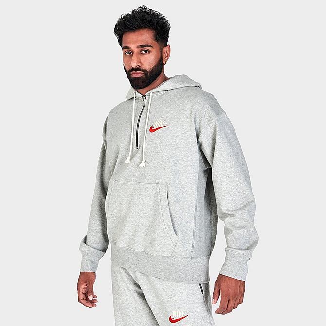 Back Left view of Men's Nike Sportswear French Terry Half-Zip Pullover Hoodie in Grey Heather Click to zoom