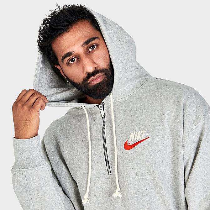 On Model 5 view of Men's Nike Sportswear French Terry Half-Zip Pullover Hoodie in Grey Heather Click to zoom