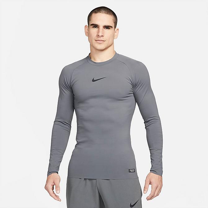 Front view of Men's Nike Pro Dri-FIT ADV Long-Sleeve Compression T-Shirt in Iron Grey/Black/Black Click to zoom