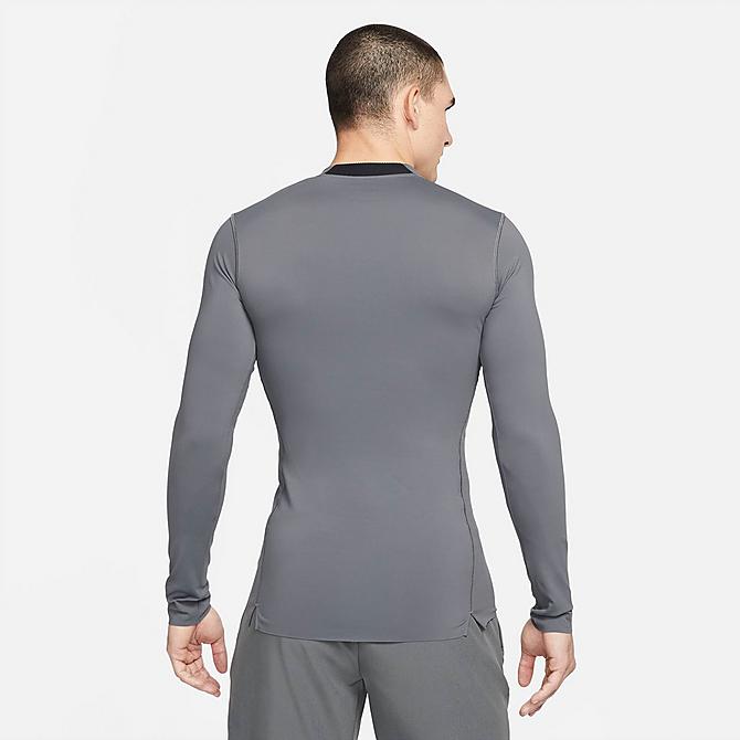 Front Three Quarter view of Men's Nike Pro Dri-FIT ADV Long-Sleeve Compression T-Shirt in Iron Grey/Black/Black Click to zoom