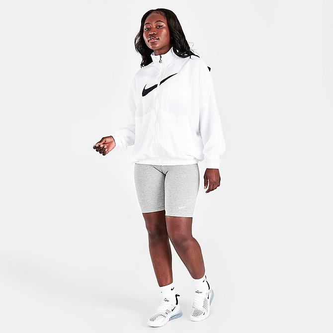 Front Three Quarter view of Women's Nike Sportswear Essential Woven Jacket in White/Black Click to zoom