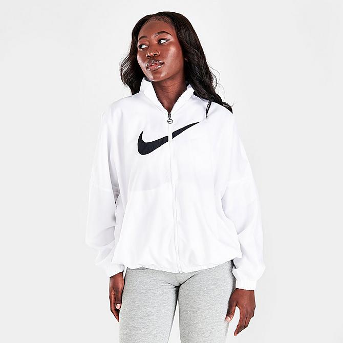 Back Left view of Women's Nike Sportswear Essential Woven Jacket in White/Black Click to zoom