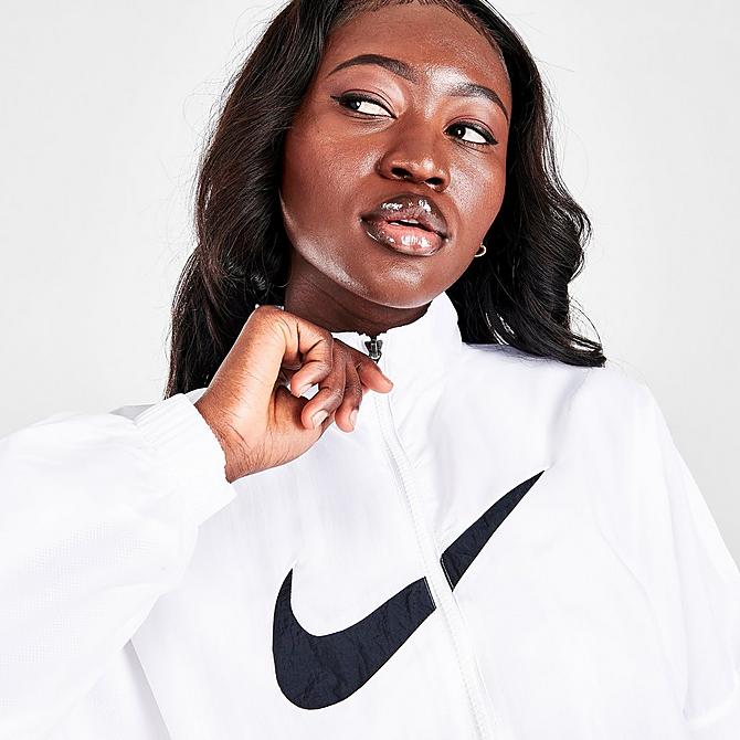 On Model 5 view of Women's Nike Sportswear Essential Woven Jacket in White/Black Click to zoom