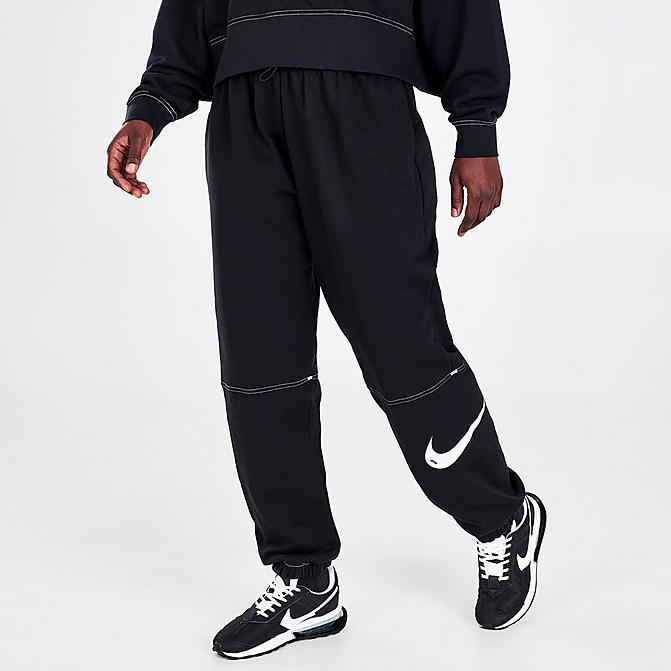 Front view of Woman's Nike Sportswear Swoosh High-Rise Jogger Pants in Black/Black/Black/White Click to zoom