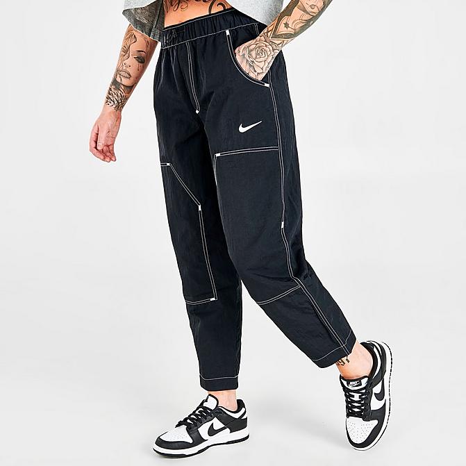 Front view of Women's Nike Sportswear Swoosh Woven High-Rise Cargo Pants in Black/Black/White/White Click to zoom