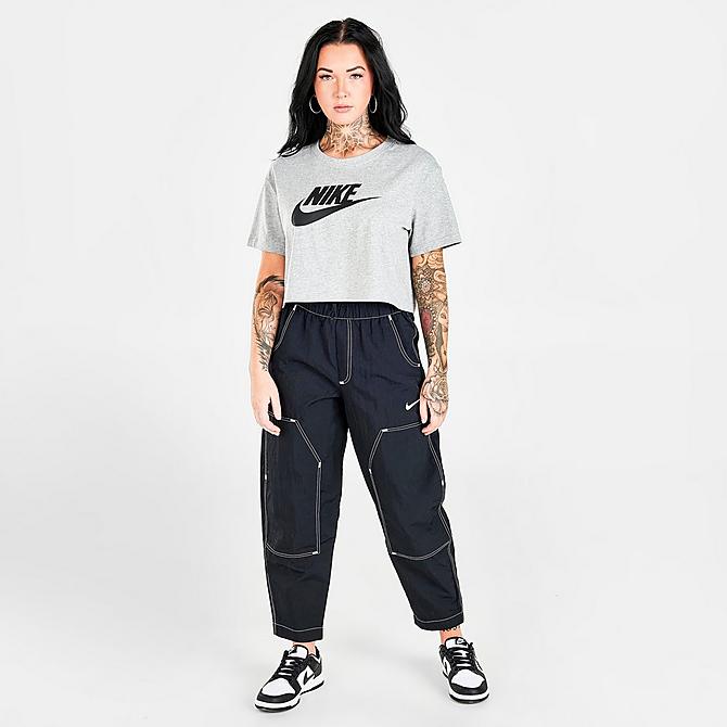 Front Three Quarter view of Women's Nike Sportswear Swoosh Woven High-Rise Cargo Pants in Black/Black/White/White Click to zoom