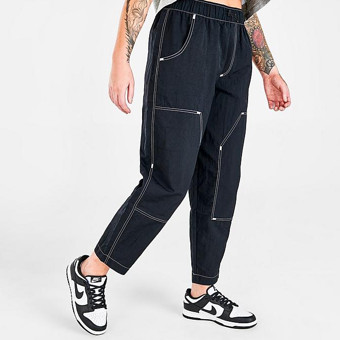 Back Left view of Women's Nike Sportswear Swoosh Woven High-Rise Cargo Pants in Black/Black/White/White Click to zoom