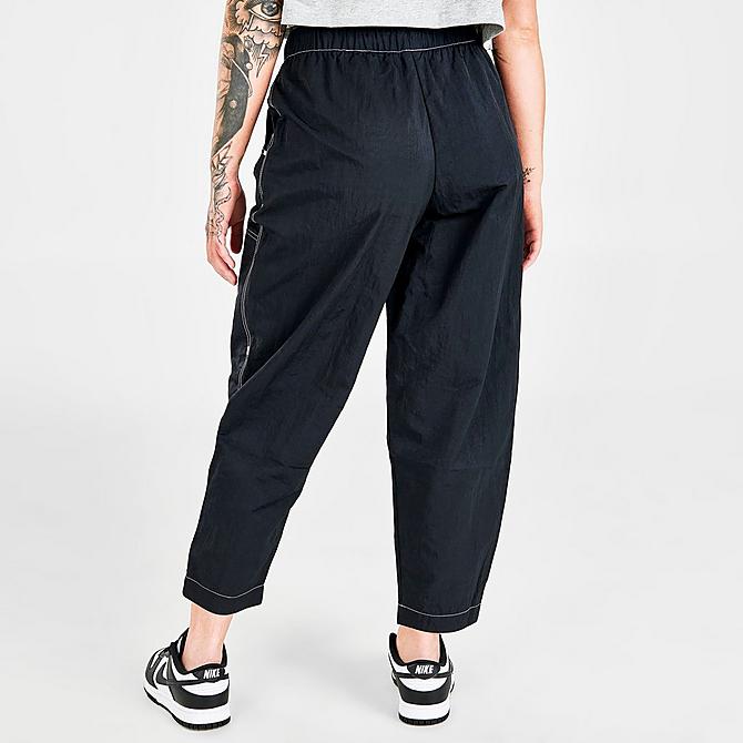 Back Right view of Women's Nike Sportswear Swoosh Woven High-Rise Cargo Pants in Black/Black/White/White Click to zoom