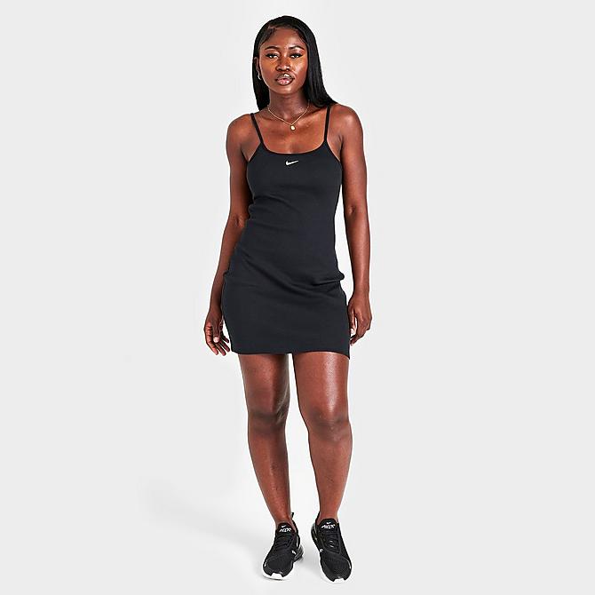 Front Three Quarter view of Women's Nike Sportswear Essential Ribbed Dress in Black/White Click to zoom