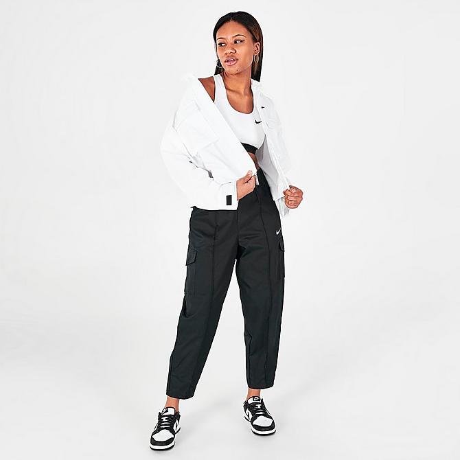 Front Three Quarter view of Women's Nike Sportswear Essential Woven Field Jacket in White/Black Click to zoom