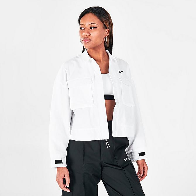 Back Left view of Women's Nike Sportswear Essential Woven Field Jacket in White/Black Click to zoom