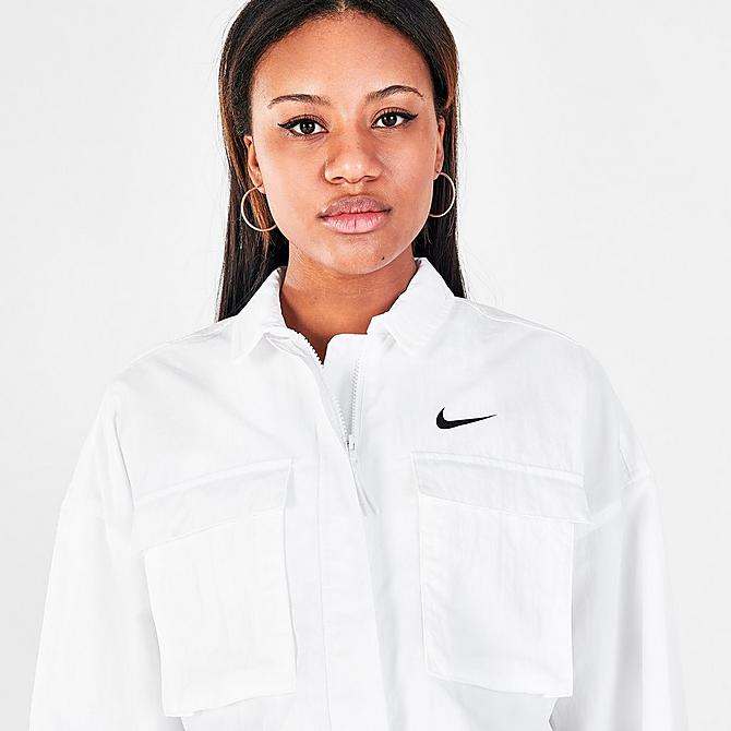 On Model 5 view of Women's Nike Sportswear Essential Woven Field Jacket in White/Black Click to zoom