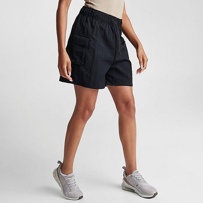 Back Left view of Women's Nike Sportswear Essential Woven High-Rise Shorts in Black/White Click to zoom