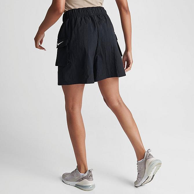 Back Right view of Women's Nike Sportswear Essential Woven High-Rise Shorts in Black/White Click to zoom