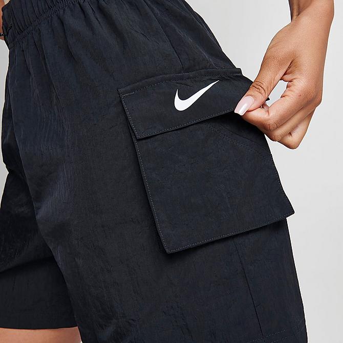 On Model 5 view of Women's Nike Sportswear Essential Woven High-Rise Shorts in Black/White Click to zoom