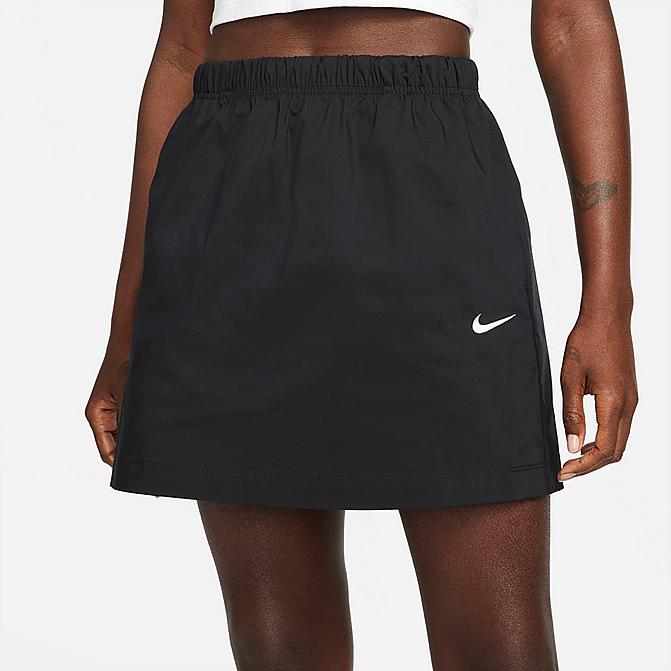 Front view of Women's Nike Sportswear Essential Woven High-Rise Skirt in Black/White Click to zoom