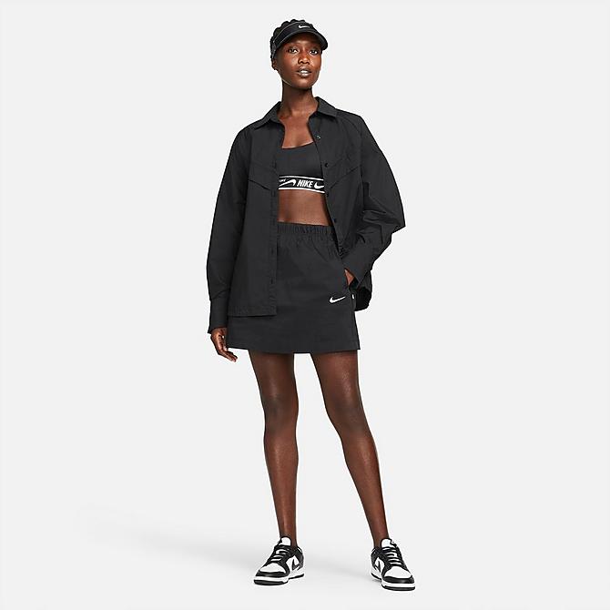 Back Left view of Women's Nike Sportswear Essential Woven High-Rise Skirt in Black/White Click to zoom
