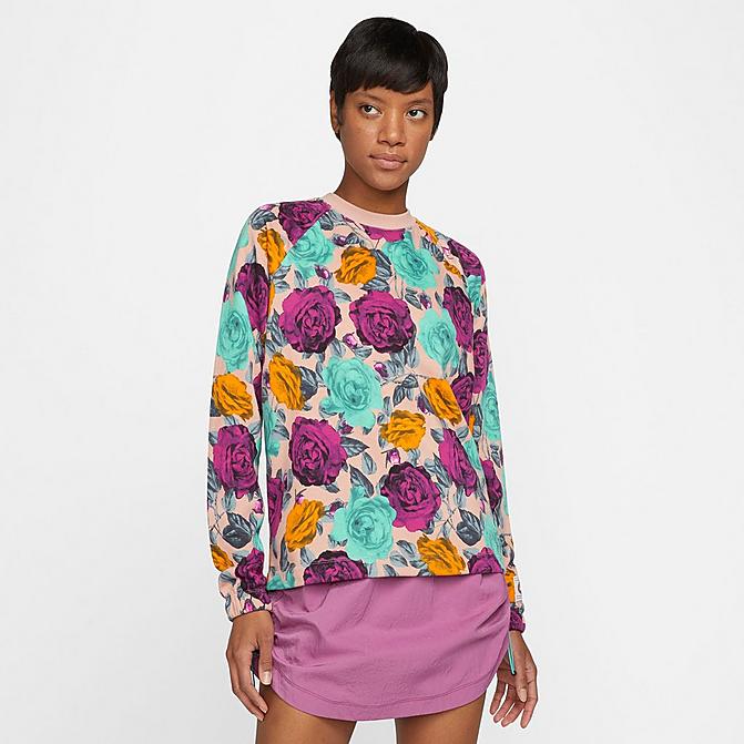 Front view of Women's Nike Sportswear Icon Clash Allover Print Fleece Top in Rose Whisper/Black Click to zoom