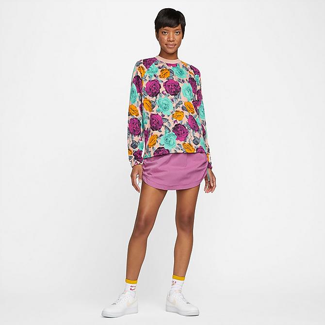 Back Left view of Women's Nike Sportswear Icon Clash Allover Print Fleece Top in Rose Whisper/Black Click to zoom
