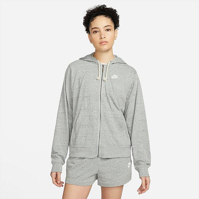 Front view of Women's Nike Sportswear Gym Vintage Full-Zip Hoodie in Dark Grey Heather/White Click to zoom