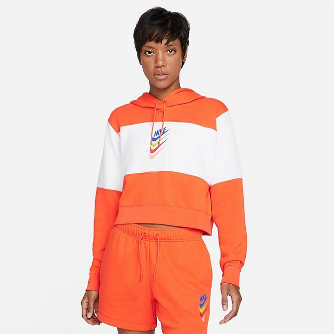Front view of Women's Nike Sportswear Stacked Swoosh Hoodie in Rush Orange/White Click to zoom