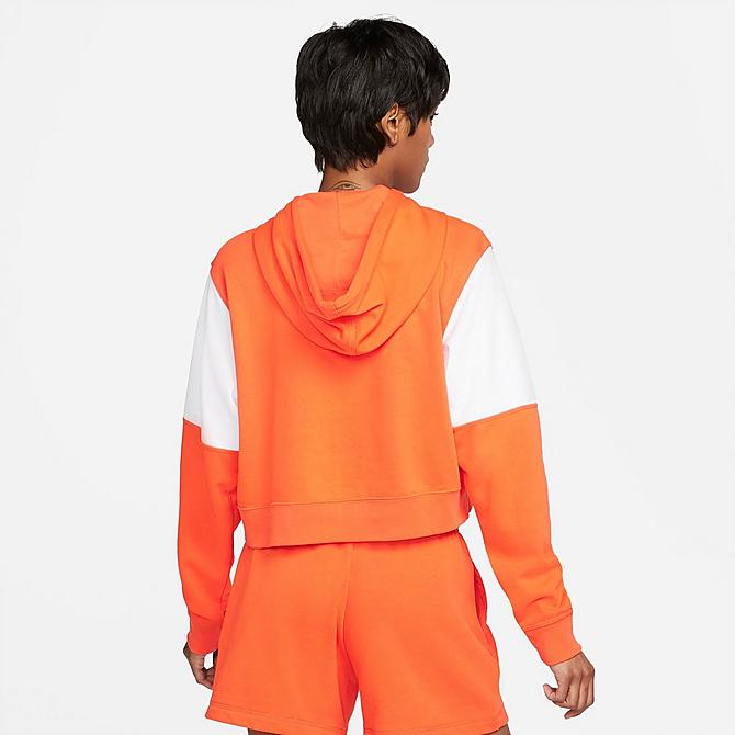 Front Three Quarter view of Women's Nike Sportswear Stacked Swoosh Hoodie in Rush Orange/White Click to zoom