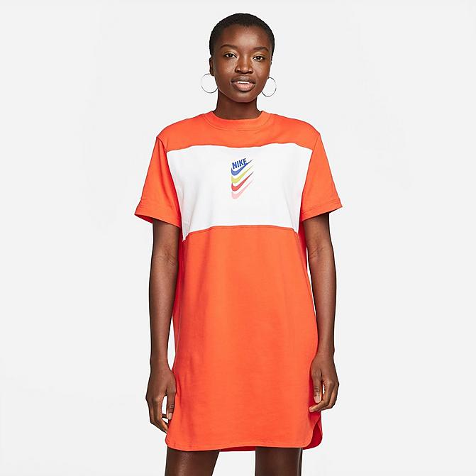 Front view of Women's Nike Sportswear DNA Stacked Swoosh Short-Sleeve Dress in Rush Orange/White Click to zoom