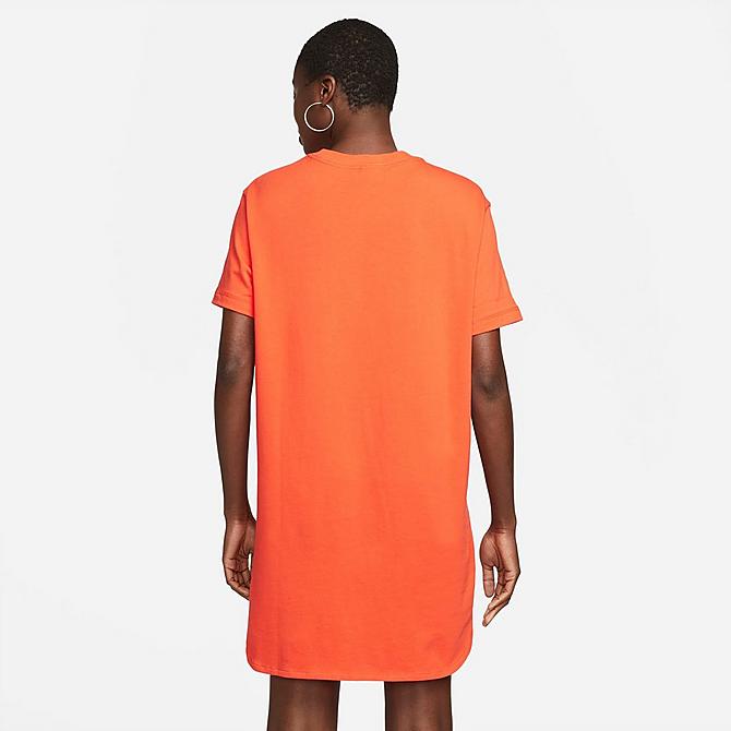 Front Three Quarter view of Women's Nike Sportswear DNA Stacked Swoosh Short-Sleeve Dress in Rush Orange/White Click to zoom