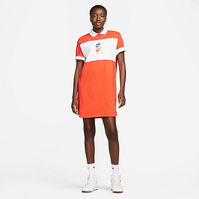 Back Left view of Women's Nike Sportswear DNA Stacked Swoosh Short-Sleeve Dress in Rush Orange/White Click to zoom