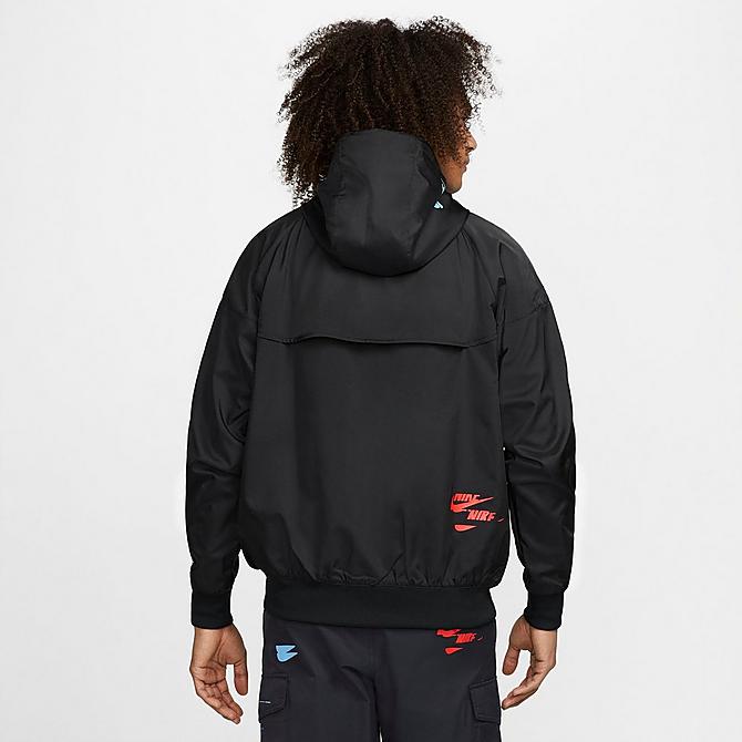 Front Three Quarter view of Men's Nike Sportswear Sport Essentials+ Windrunner Woven Windbreaker Jacket in Black/White Click to zoom