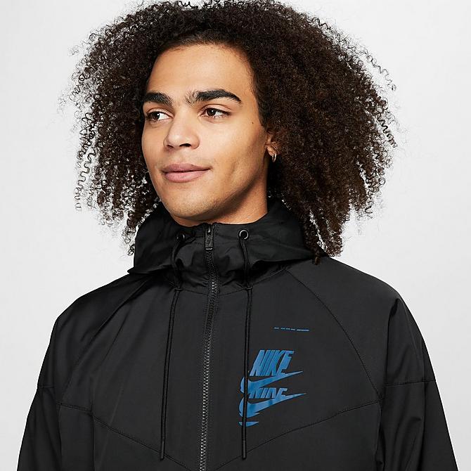 Back Right view of Men's Nike Sportswear Sport Essentials+ Windrunner Woven Windbreaker Jacket in Black/White Click to zoom