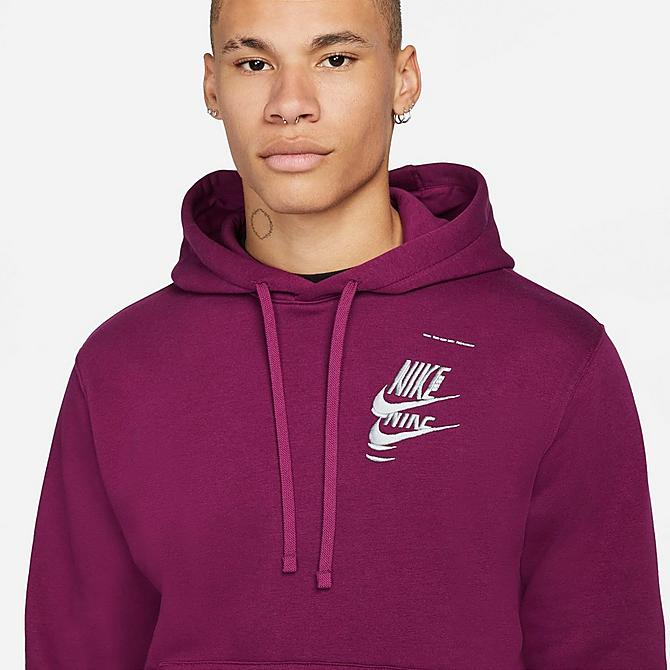 Back Right view of Men's Nike Sportswear Sport Essentials+ Fleece Pullover Hoodie in Sangria/Vivid Green Click to zoom