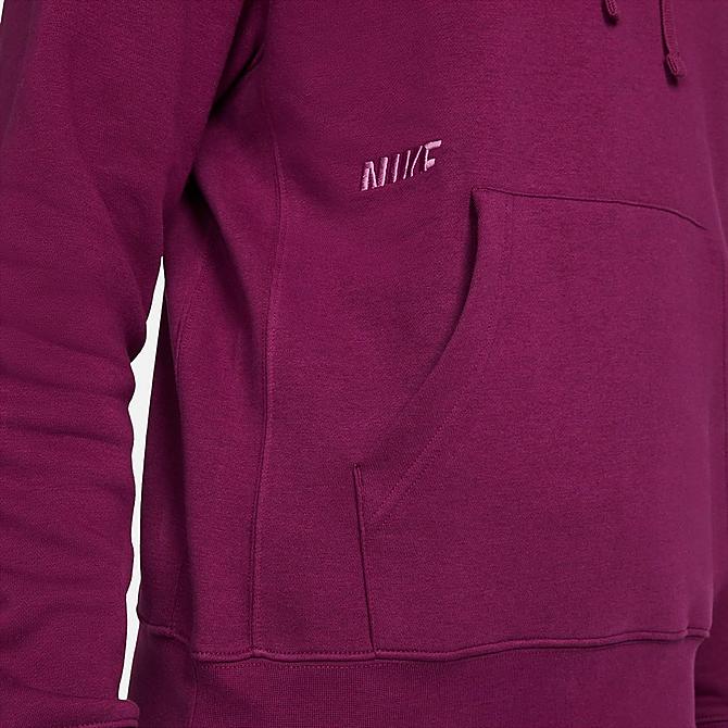 On Model 5 view of Men's Nike Sportswear Sport Essentials+ Fleece Pullover Hoodie in Sangria/Vivid Green Click to zoom
