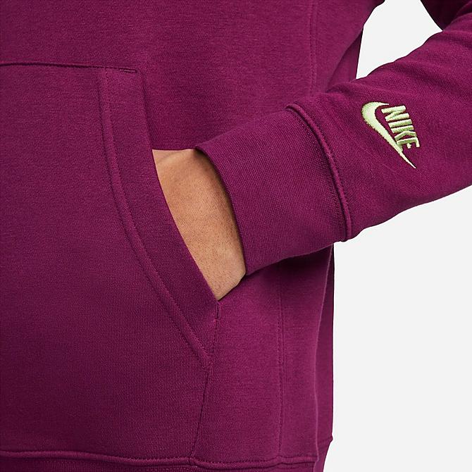 On Model 6 view of Men's Nike Sportswear Sport Essentials+ Fleece Pullover Hoodie in Sangria/Vivid Green Click to zoom