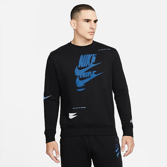 Front view of Men's Nike Sportswear Sport Essentials+ Glitch Club Fleece Crewneck Sweatshirt in Black/White Click to zoom