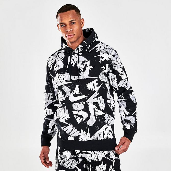 Back Left view of Men's Nike Sportswear Sport Essentials+ All-Over Print Pullover Hoodie in Black/White Click to zoom