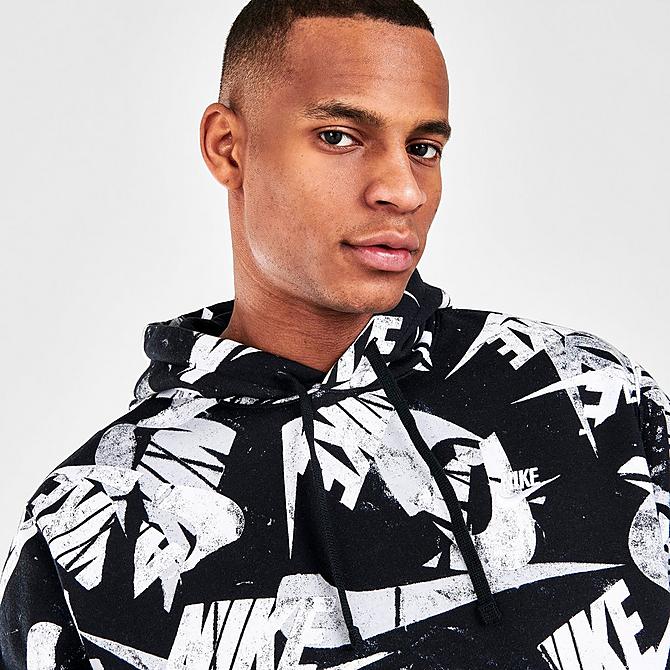 On Model 5 view of Men's Nike Sportswear Sport Essentials+ All-Over Print Pullover Hoodie in Black/White Click to zoom