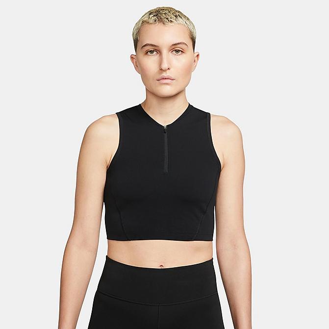 Front view of Women's Nike Pro Dri-FIT Cropped Shelf-Bra Tank in Black/White Click to zoom