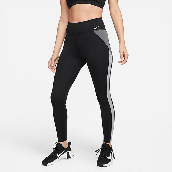 Front view of Women's Nike One Dri-FIT Mid-Rise Colorblock Leggings in Black/Particle Grey/White Click to zoom