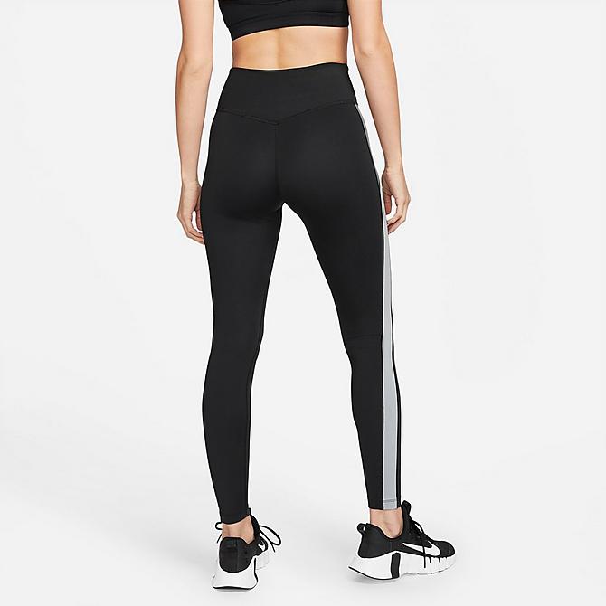 Front Three Quarter view of Women's Nike One Dri-FIT Mid-Rise Colorblock Leggings in Black/Particle Grey/White Click to zoom