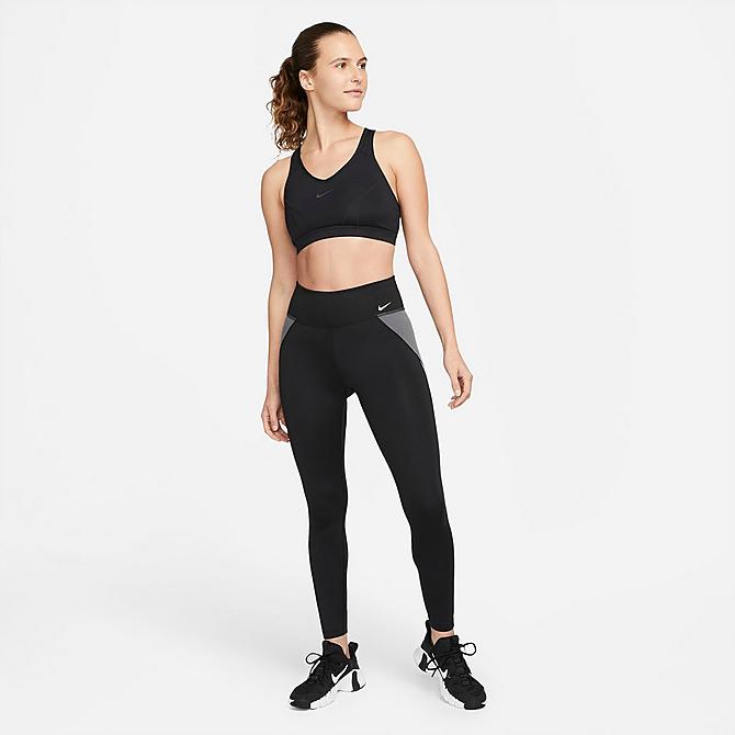 Back Left view of Women's Nike One Dri-FIT Mid-Rise Colorblock Leggings in Black/Particle Grey/White Click to zoom