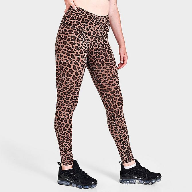 Back Left view of Women's Nike Dri-FIT One High-Rise Animal Print Leggings in Archaeo Brown/White Click to zoom